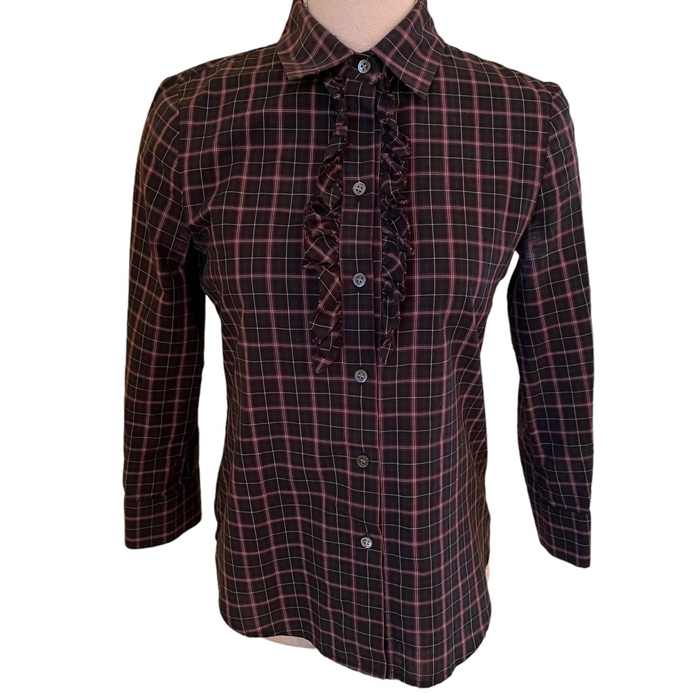 Theory Plaid "Keola" Ruffled Button-Down Blouse S